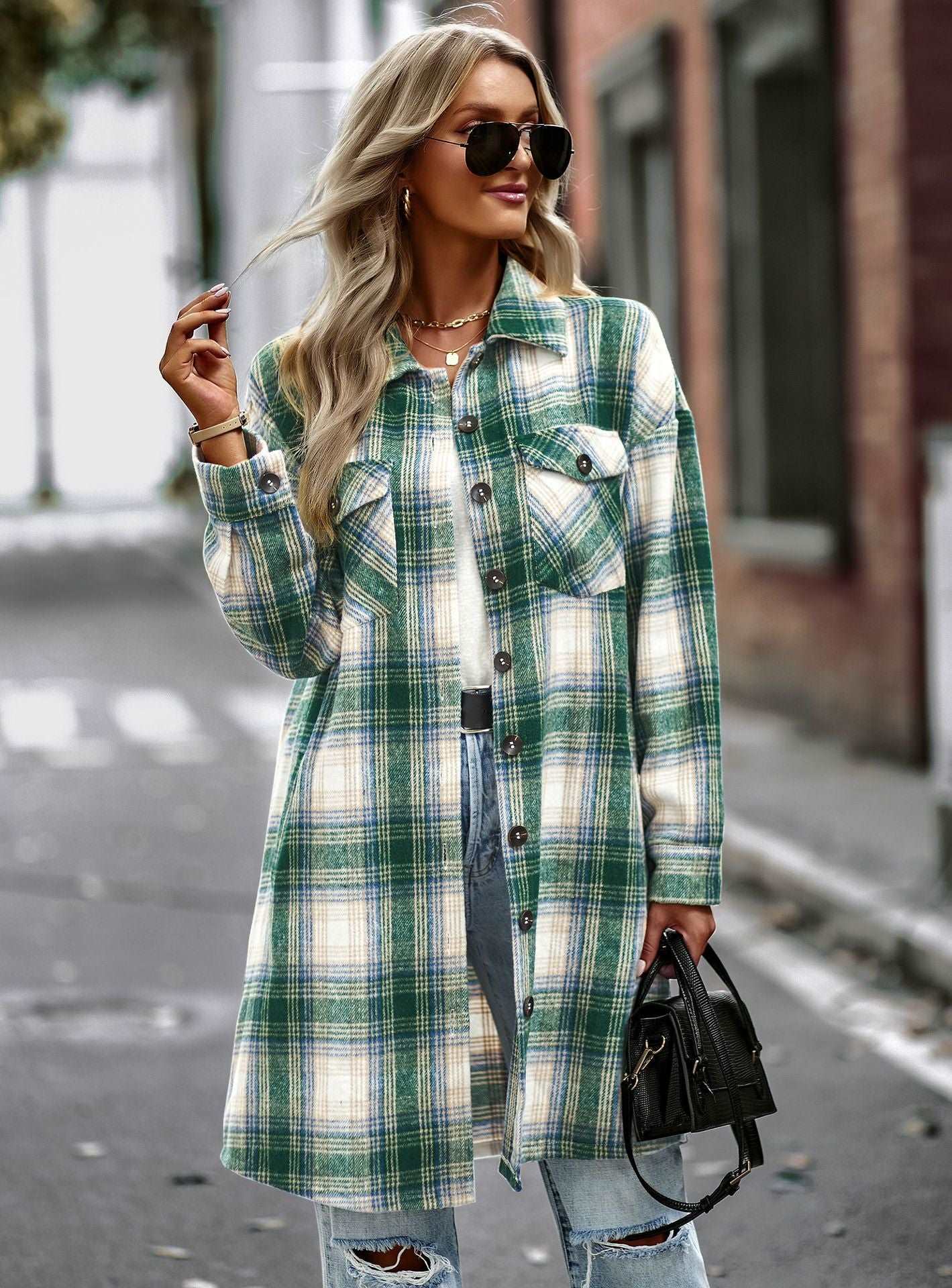 Women's Long Sleeve Button Down Jackets Plaid Flannel Shirts Tops Casual Lapel V Neck Oversized Shackets Blouses Top