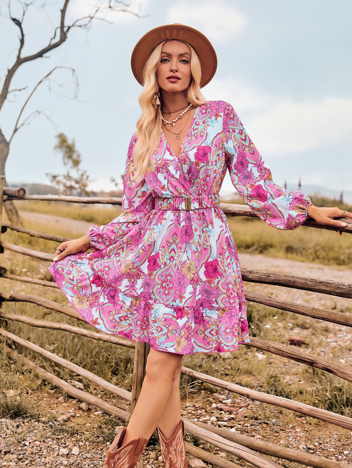 Women's Floral Print Chiffon A-Line Dress Long Sleeves