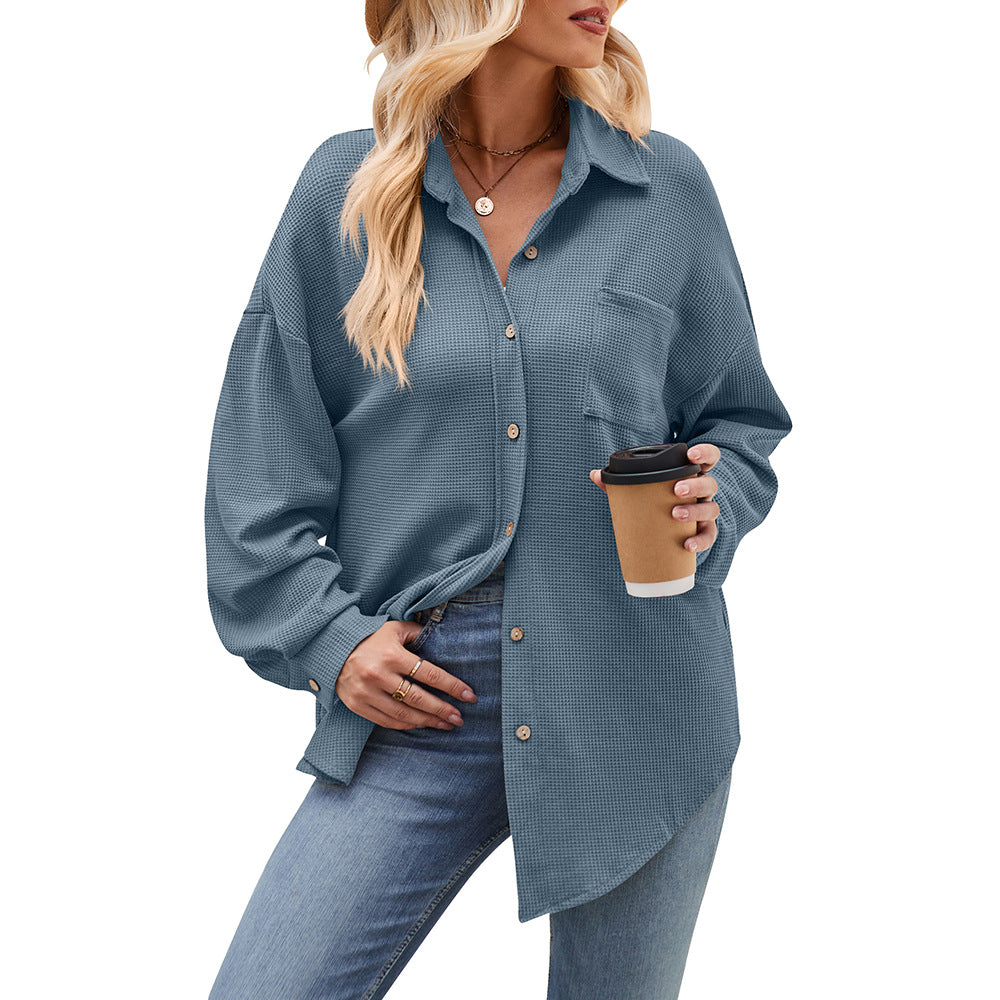 Women's Cross border Casual Loose Pocket Waffle Fashion Shirt Jacket Oversized