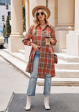 Women Long Trench Coat Plaid Jacket Oversized with Pocket