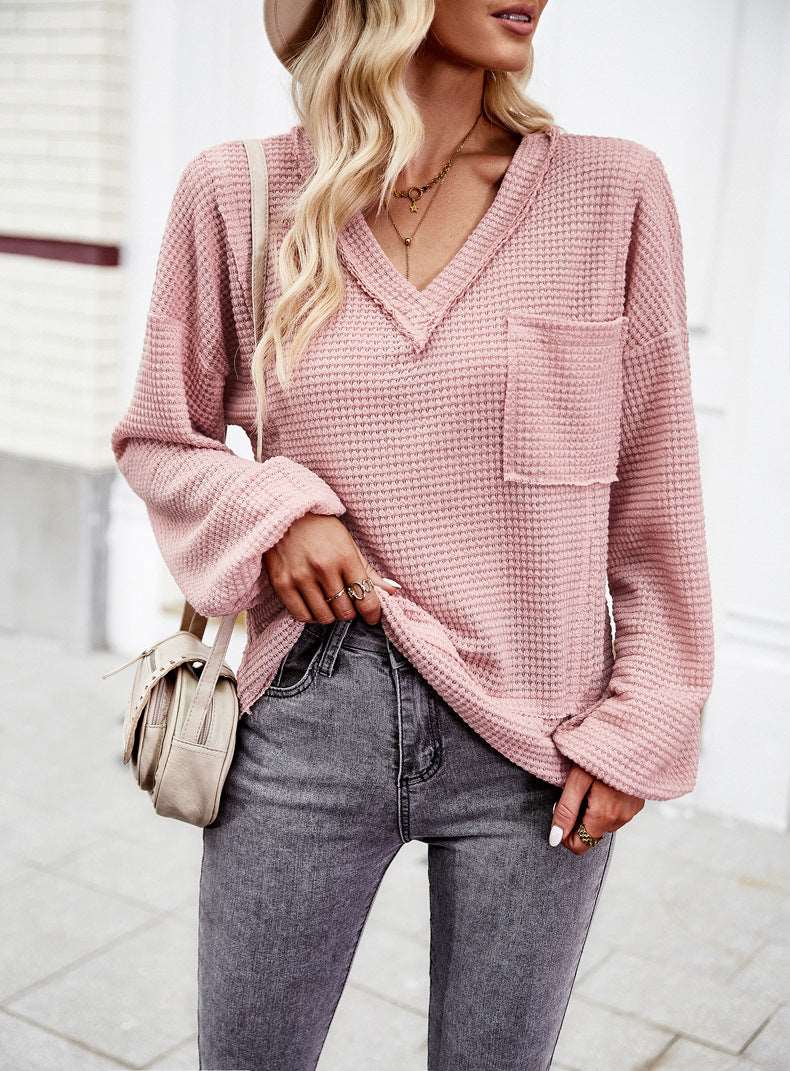 Women's Casual V Neck Ribbed Knitted Shirts Pullover Tunic Tops Loose Balloon Sleeve Solid Color Blouses Top
