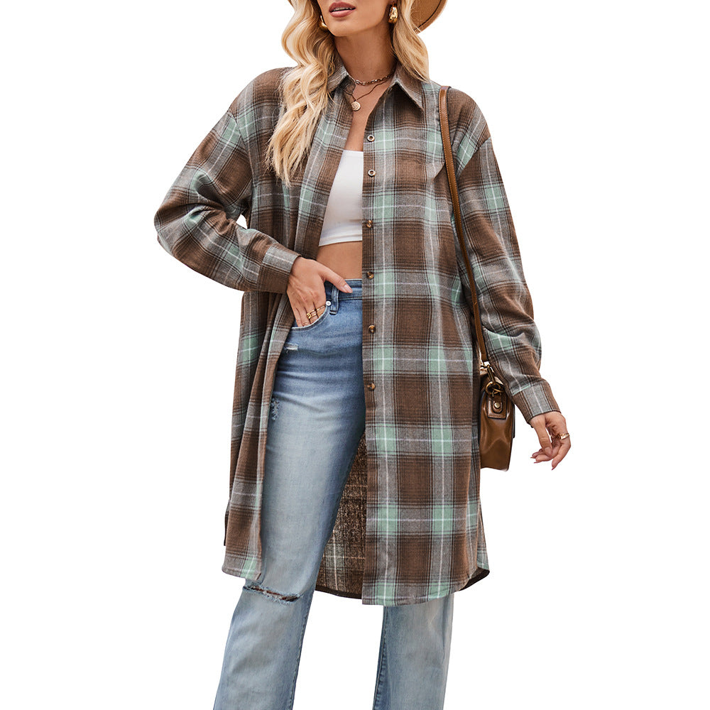 Women Long Trench Coat Plaid Jacket Oversized with Pocket