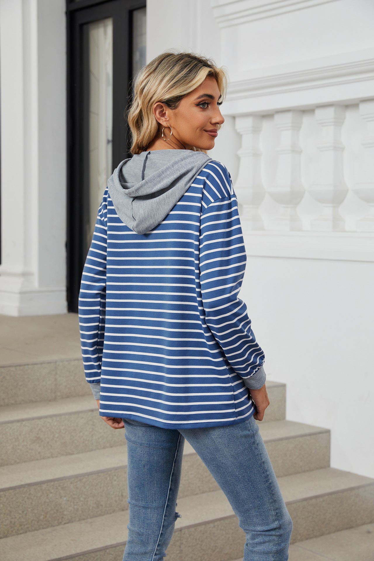 Womens Striped Hoodies Jumper Drawstring Tops