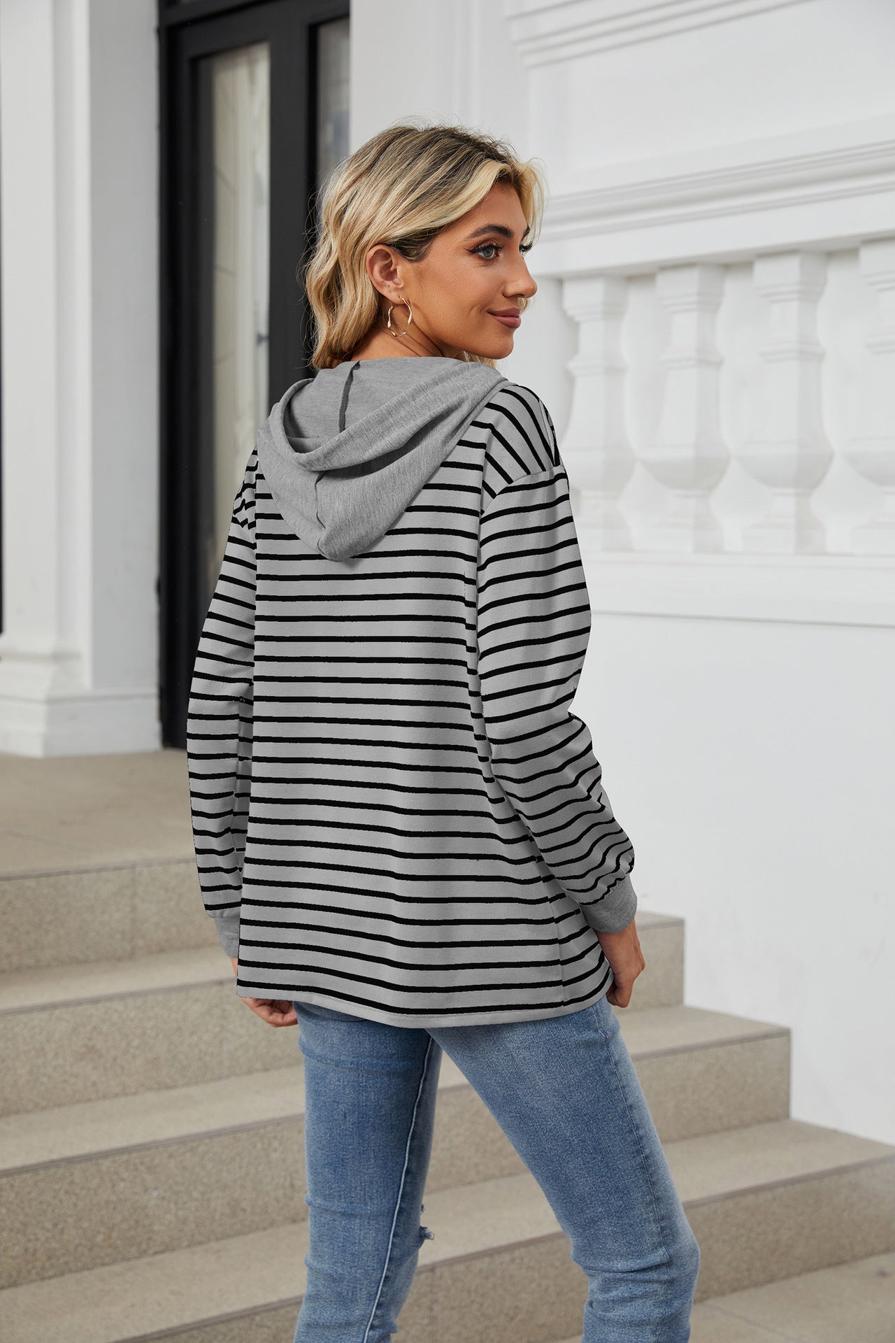 Womens Striped Hoodies Jumper Drawstring Tops