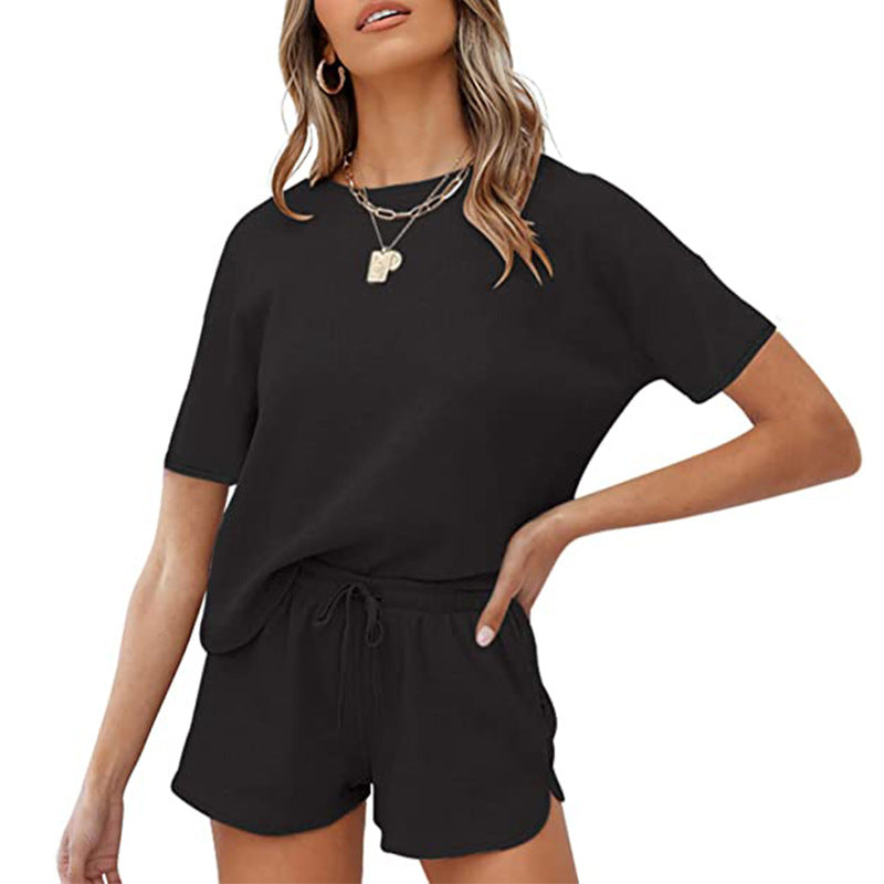 Women Short Sleeve Two Piece Casual Waffle Lounge Set