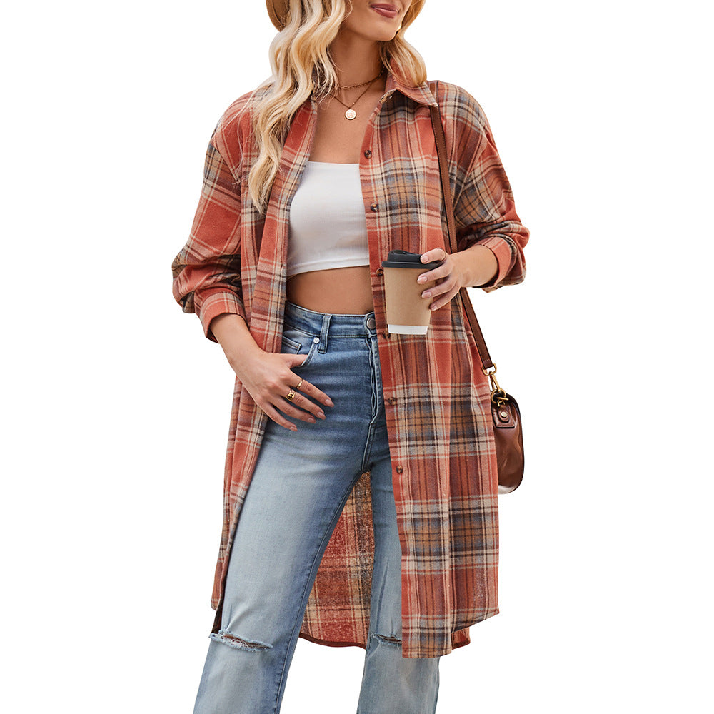 Women Long Trench Coat Plaid Jacket Oversized with Pocket