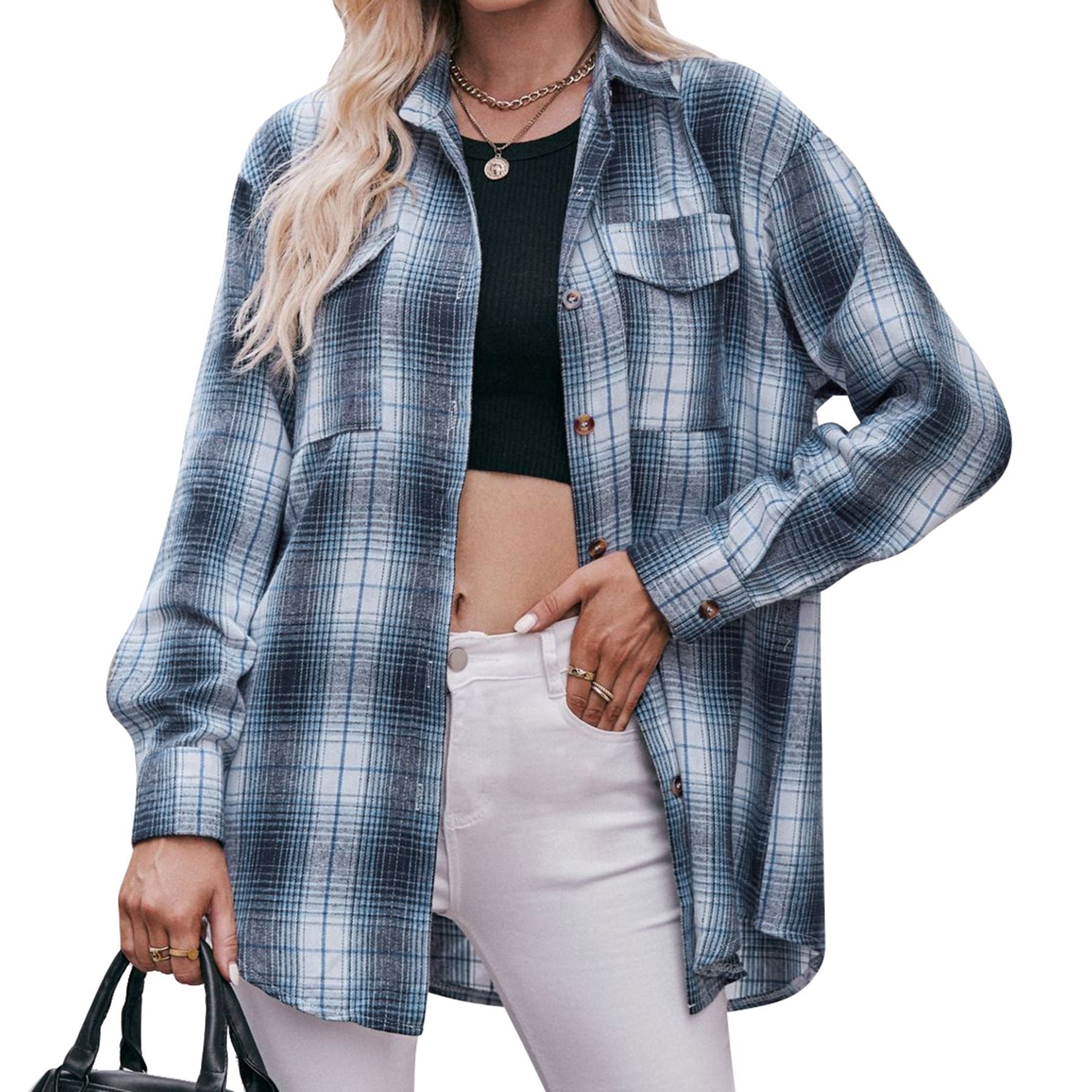 Women Oversize Loose Plaid Jacket with Pocket