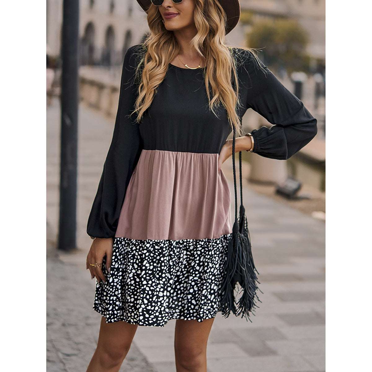 Women's Patchwork A-Line Dress Long Sleeves