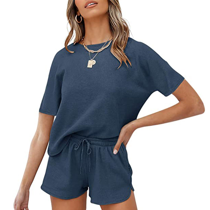 Women Short Sleeve Two Piece Casual Waffle Lounge Set
