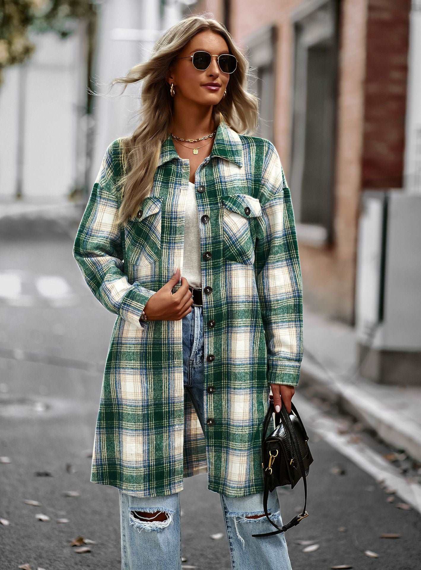 Women's Long Sleeve Button Down Jackets Plaid Flannel Shirts Tops Casual Lapel V Neck Oversized Shackets Blouses Top