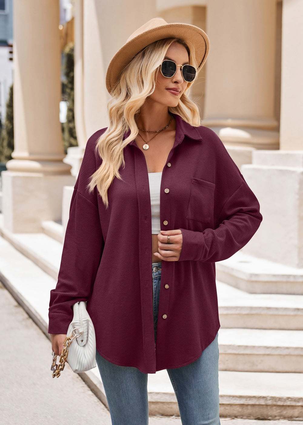 Women's Cross border Casual Loose Pocket Waffle Fashion Shirt Jacket Oversized