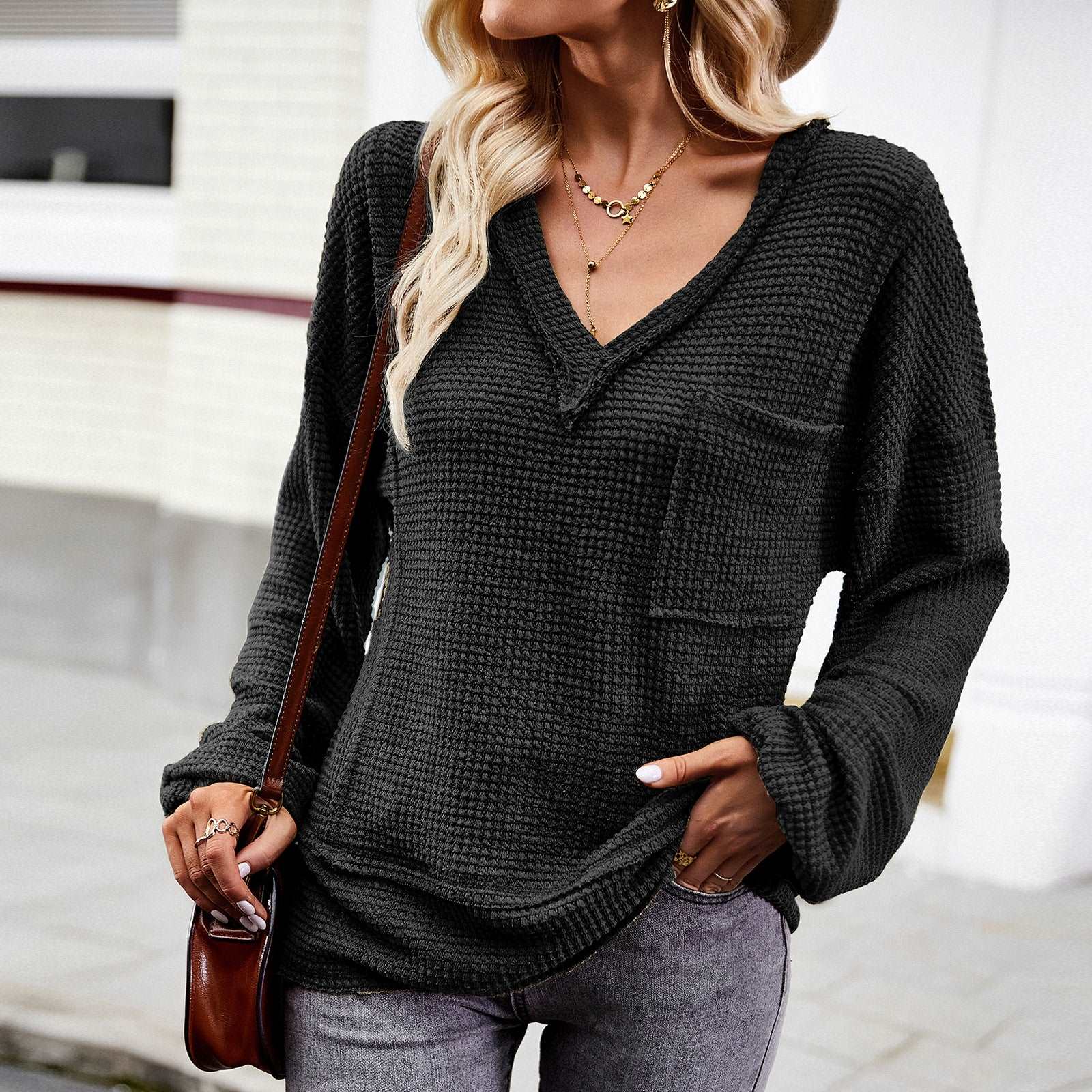 Women's Casual V Neck Ribbed Knitted Shirts Pullover Tunic Tops Loose Balloon Sleeve Solid Color Blouses Top