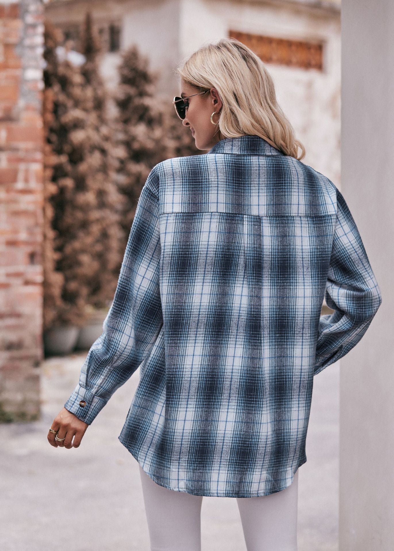 Women Oversize Loose Plaid Jacket with Pocket