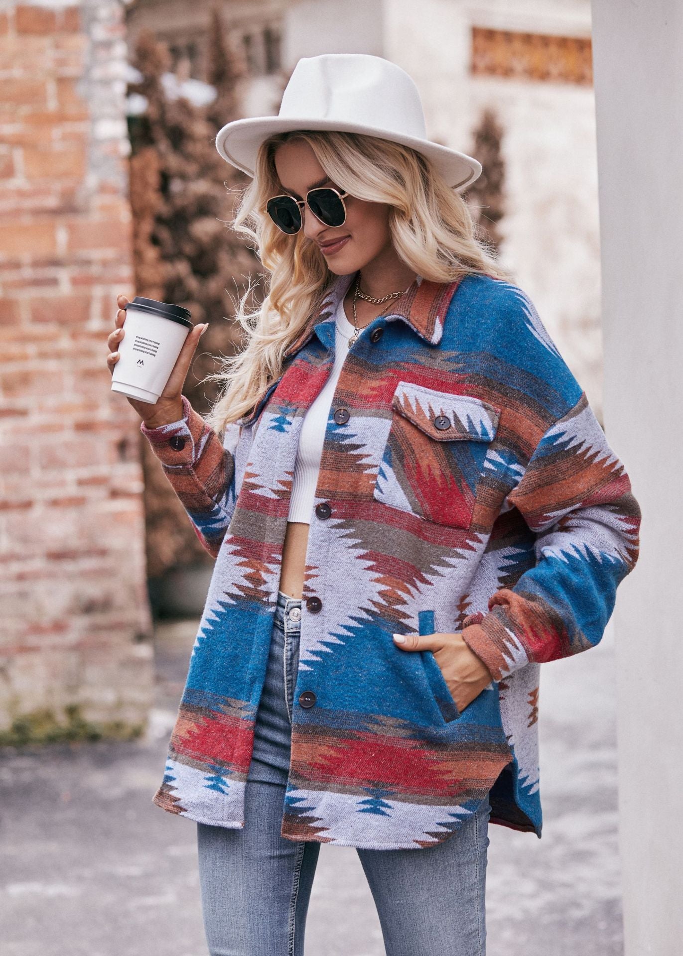 Women Geometric Jacket  with Pocket Lapel