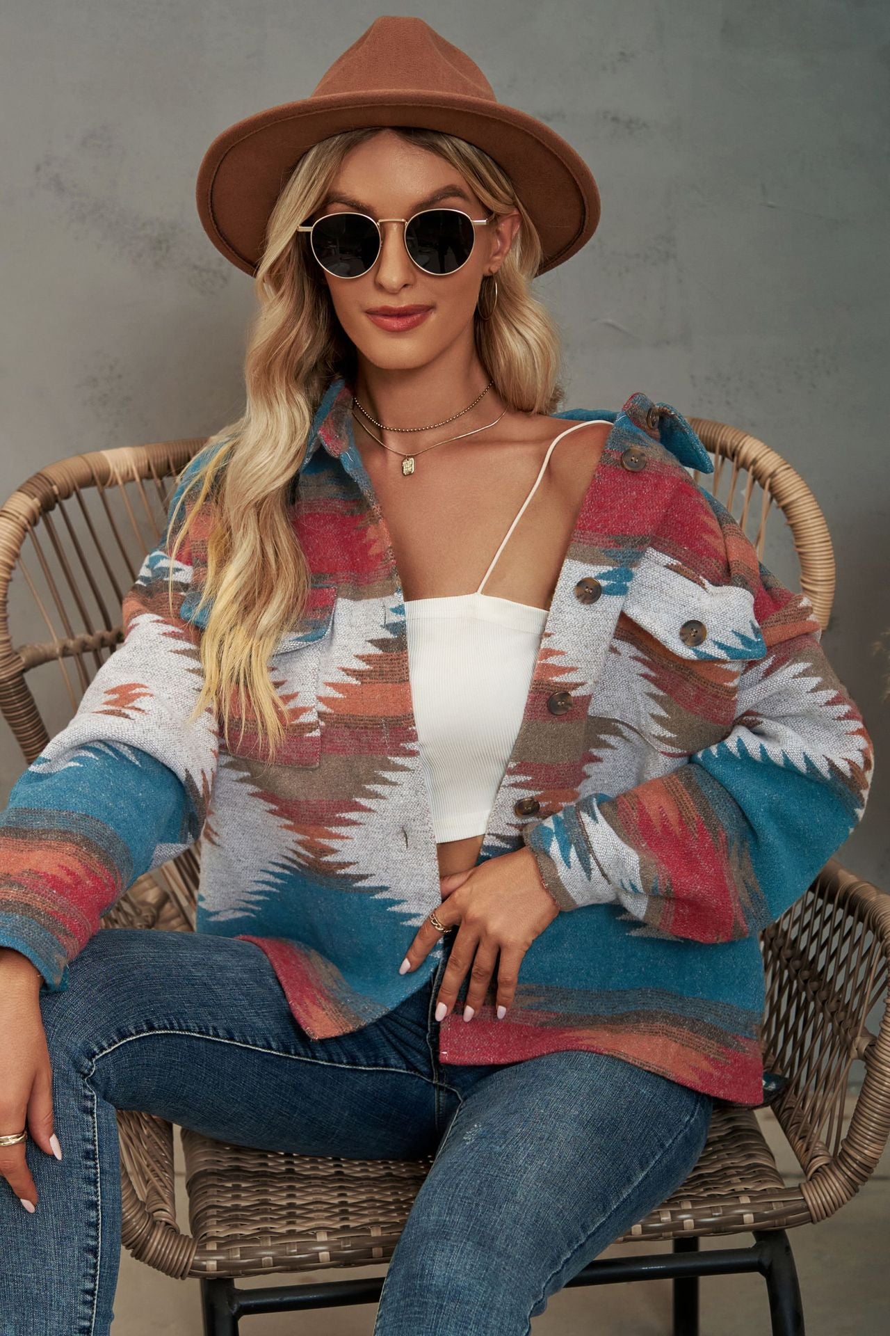 Casual Aztec Print Button Down Woolen Long Sleeve Jacket Coat