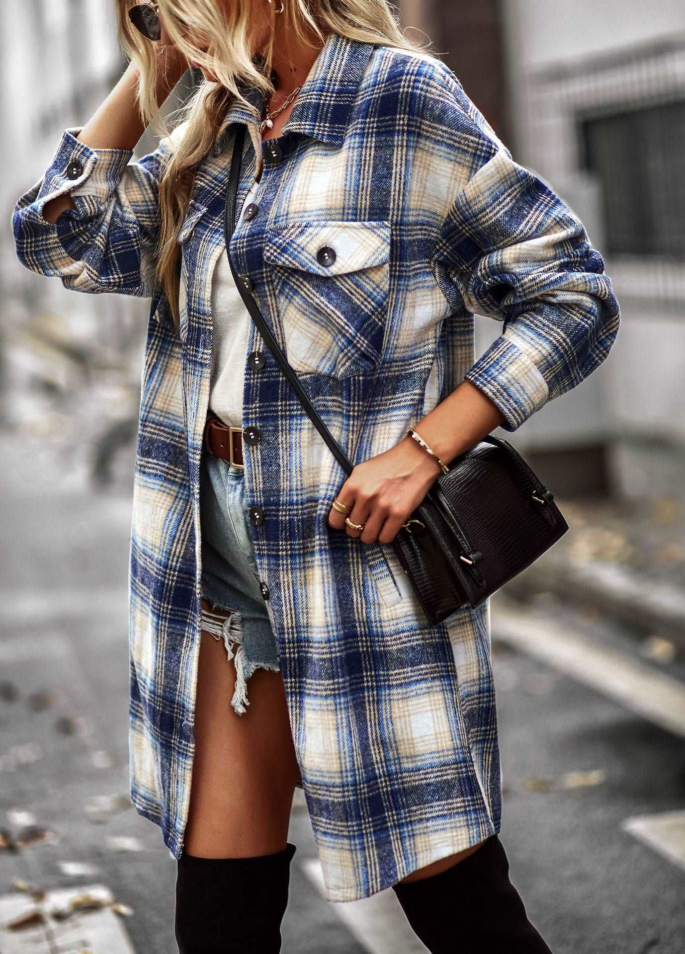 Women's Long Sleeve Button Down Jackets Plaid Flannel Shirts Tops Casual Lapel V Neck Oversized Shackets Blouses Top