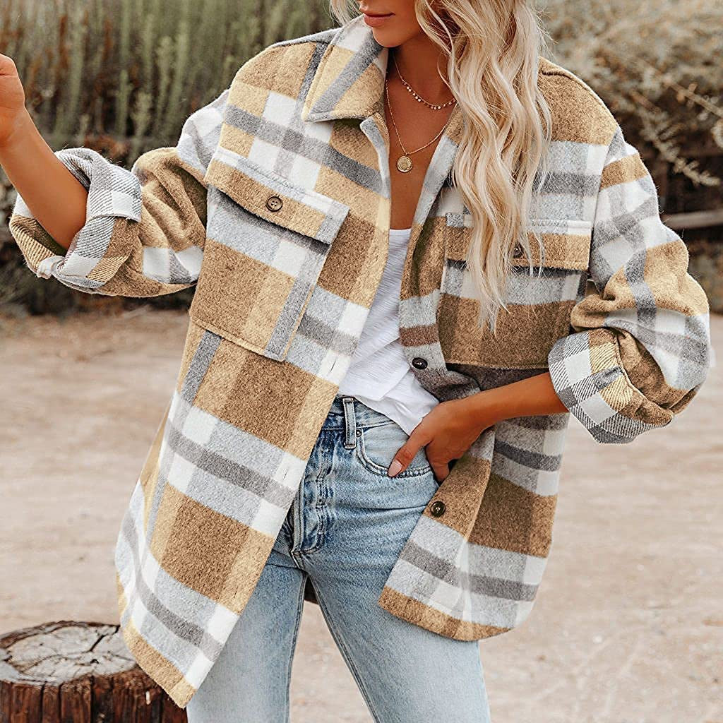 Women's Cross-border Plaid Button Flannel Tweed Shirt Jacket