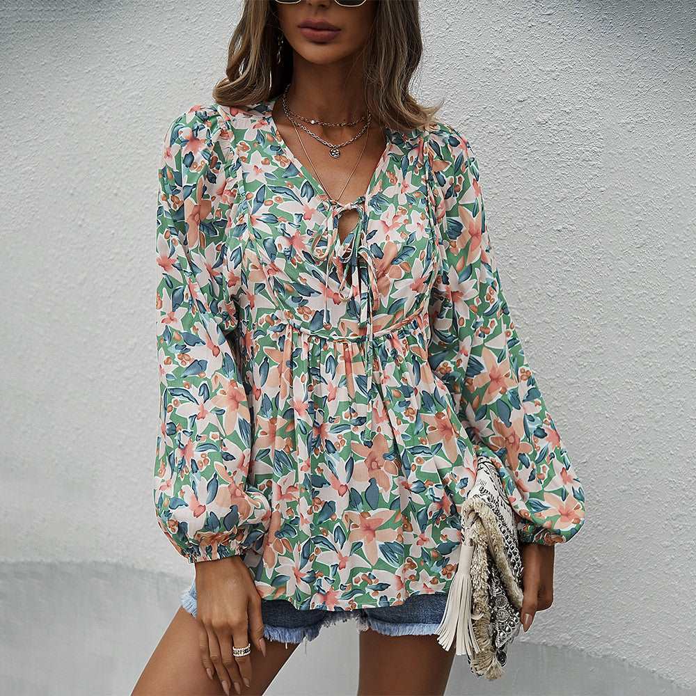 Womens Fall Fashion  Boho Tops Casual Frill Trim Mock Neck Shirts Puff Long Sleeve Blouse Floral Print Top