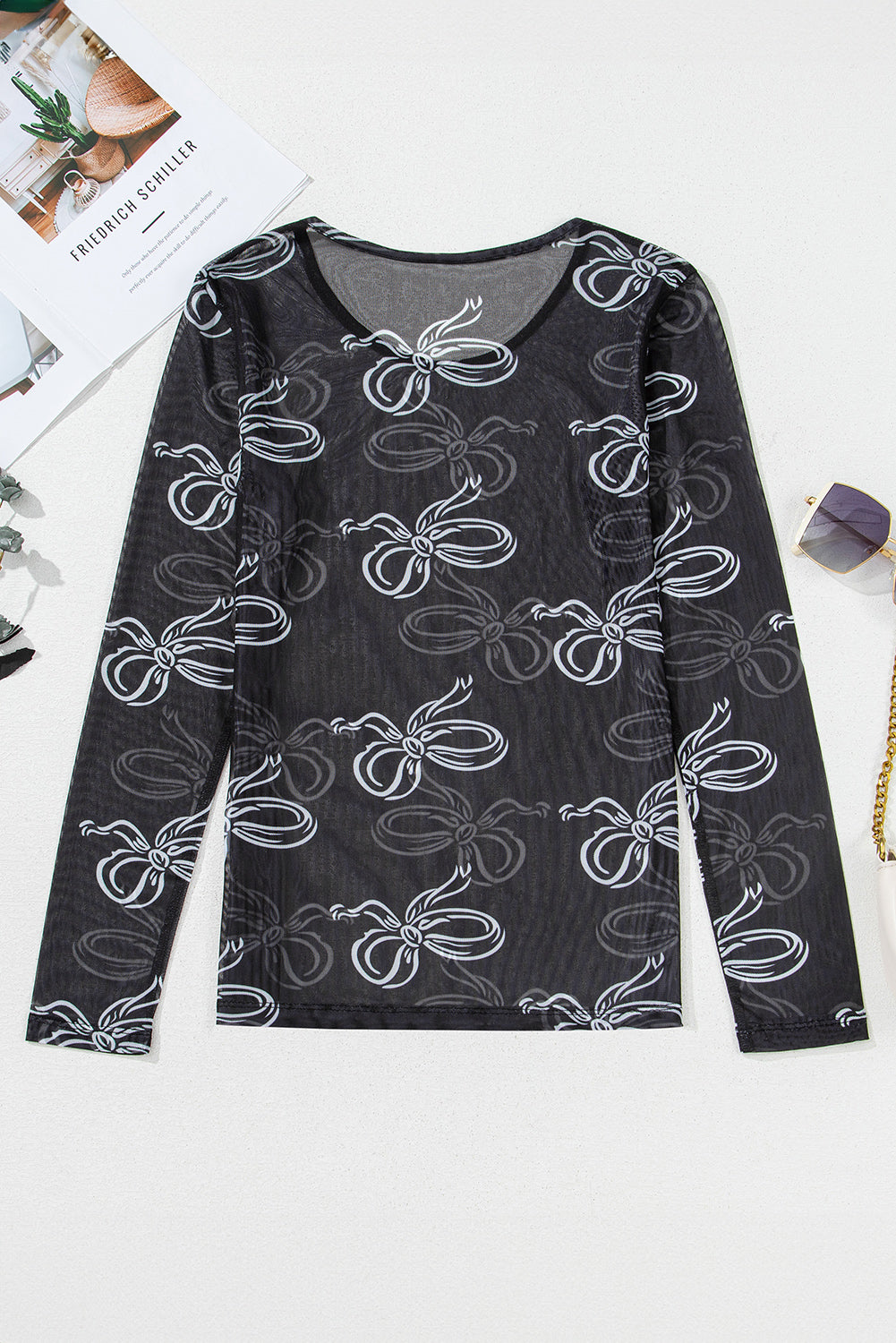 Black Round Neck Bow Print Long Sleeve Mesh Top