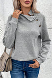 Gray Asymmetric Buttons Detail High Neck Textured Sweatshirt