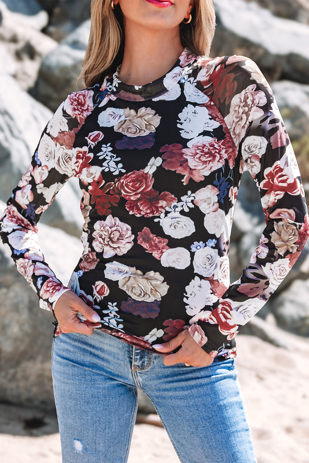 Pink Mesh Floral Print Mock Neck Long Sleeve Slim Top