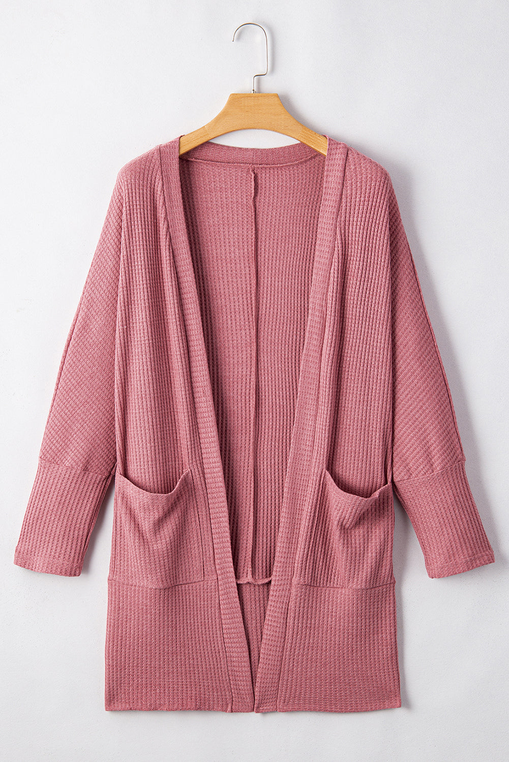 Mineral Red Solid Color Waffle Knit Cardigan with Pocket