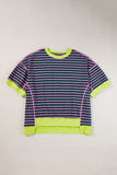Green Stripe Oversized Contrast Trim Exposed Seam High Low T Shirt