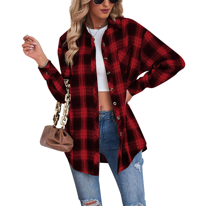 Women's New Cross border European and American Foreign Trade Casual Boyfriend Style Loose Plaid Shirt