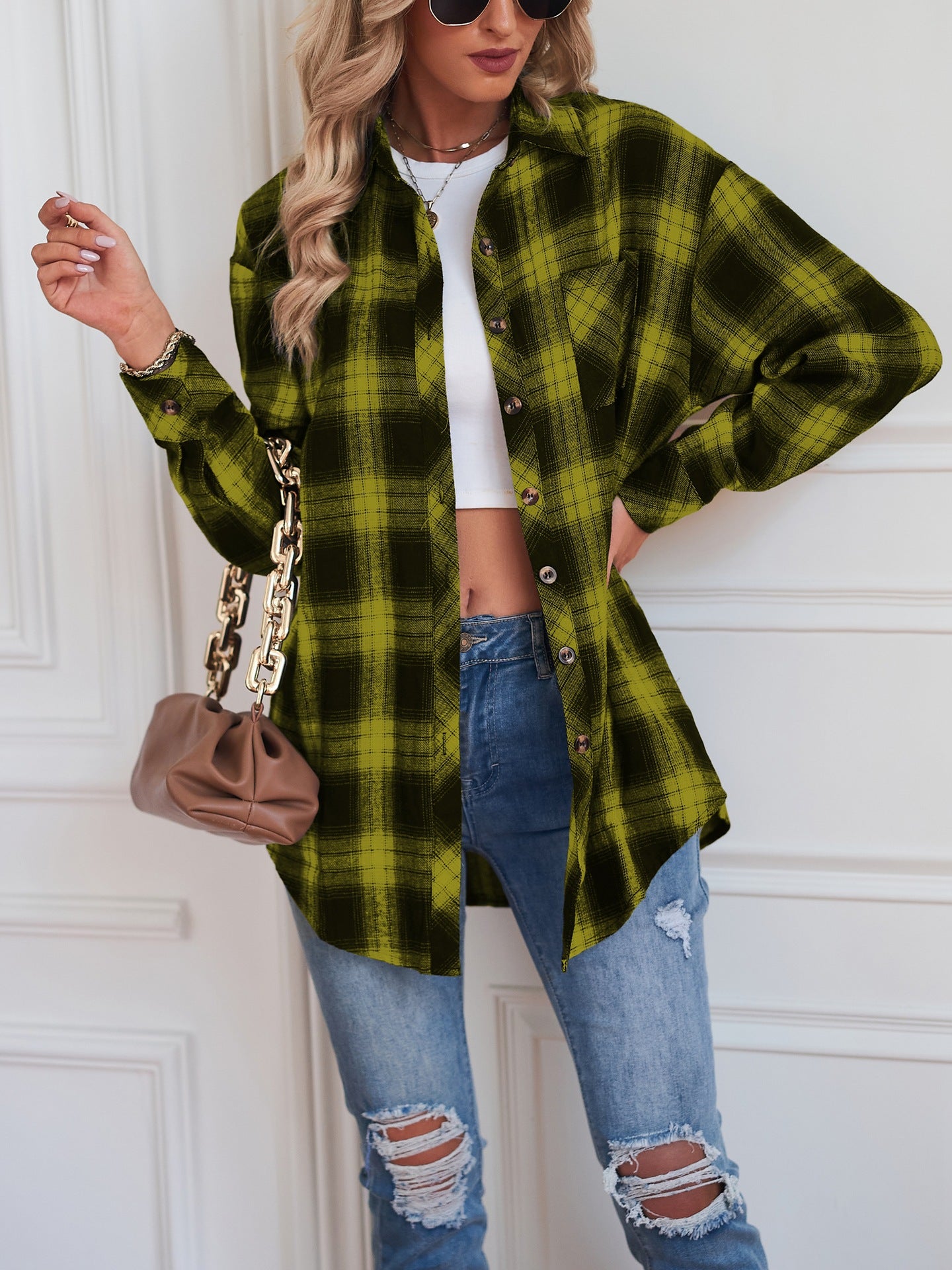 Women's New Cross border European and American Foreign Trade Casual Boyfriend Style Loose Plaid Shirt