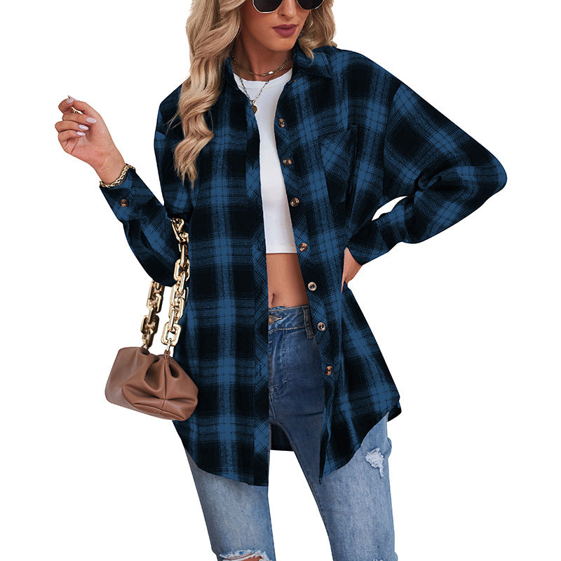 Women's New Cross border European and American Foreign Trade Casual Boyfriend Style Loose Plaid Shirt