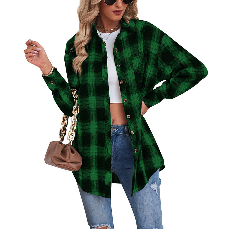 Women's New Cross border European and American Foreign Trade Casual Boyfriend Style Loose Plaid Shirt
