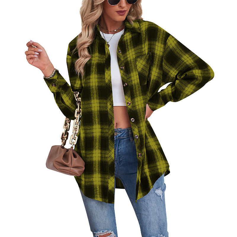 Women's New Cross border European and American Foreign Trade Casual Boyfriend Style Loose Plaid Shirt